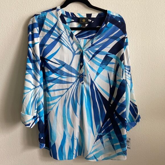 JM Collection Island Brezze half button down blouse sz L NWT - Picture 1 of 8